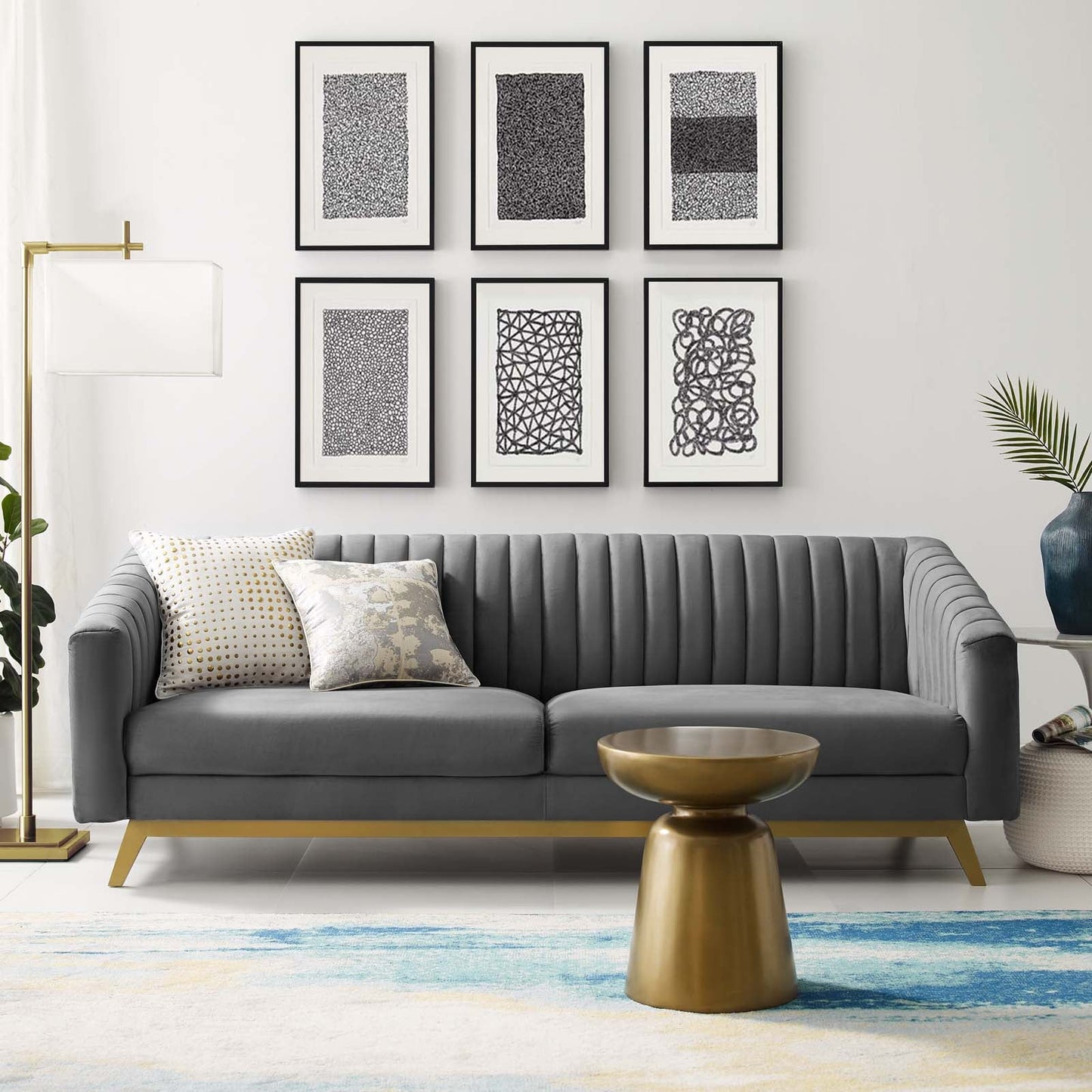 Modway Furniture Valiant Vertical Channel Tufted Sofa - Luxurious Performance Velvet with Gold Legs for Maximum Comfort
