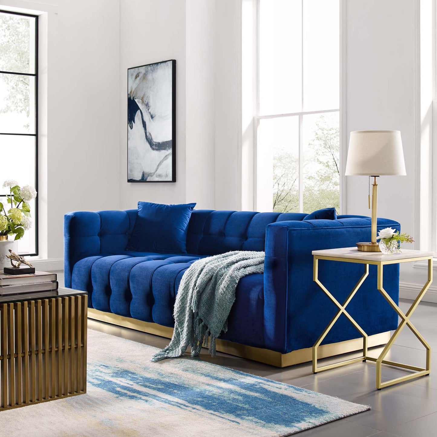 Modway Furniture Vivacious Biscuit Tufted Velvet Sofa with Gold Base – Luxurious Comfort & Vintage Style Living Room