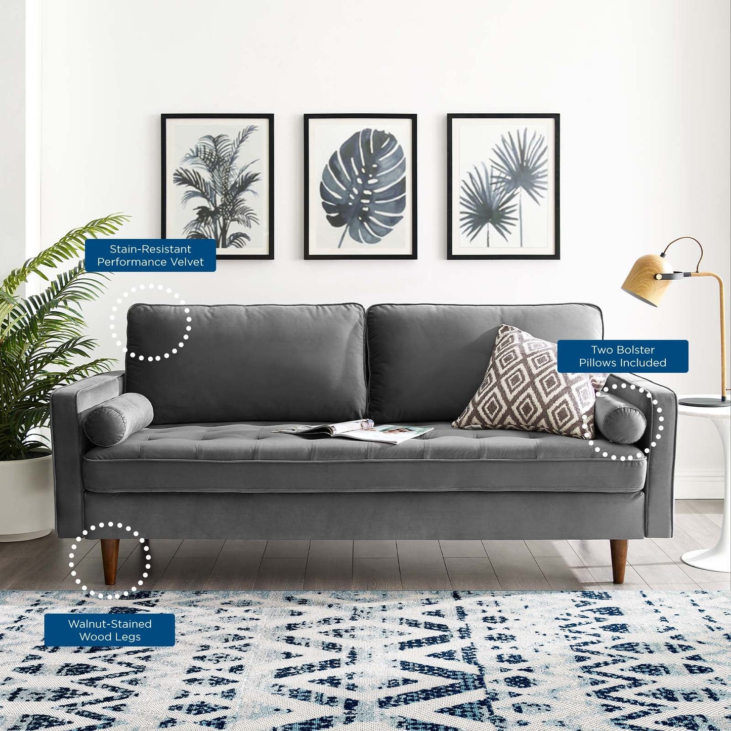 Modway Furniture Valour Modern Velvet Sofa - Stylish Mid-Century Design with Stain-Resistant Fabric & Pocket Coils