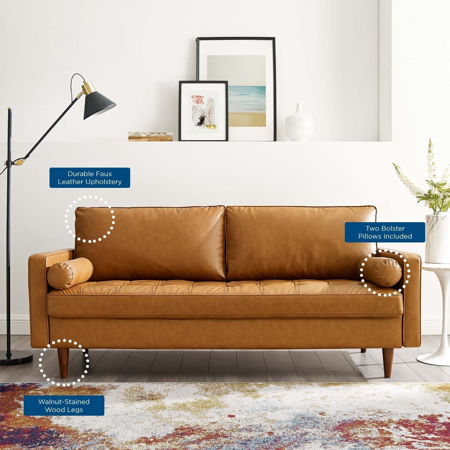 Modway Furniture Valour Mid-Century Sofa - Stylish Faux Leather, Dense Foam Padding & Easy Ship Box for Homes