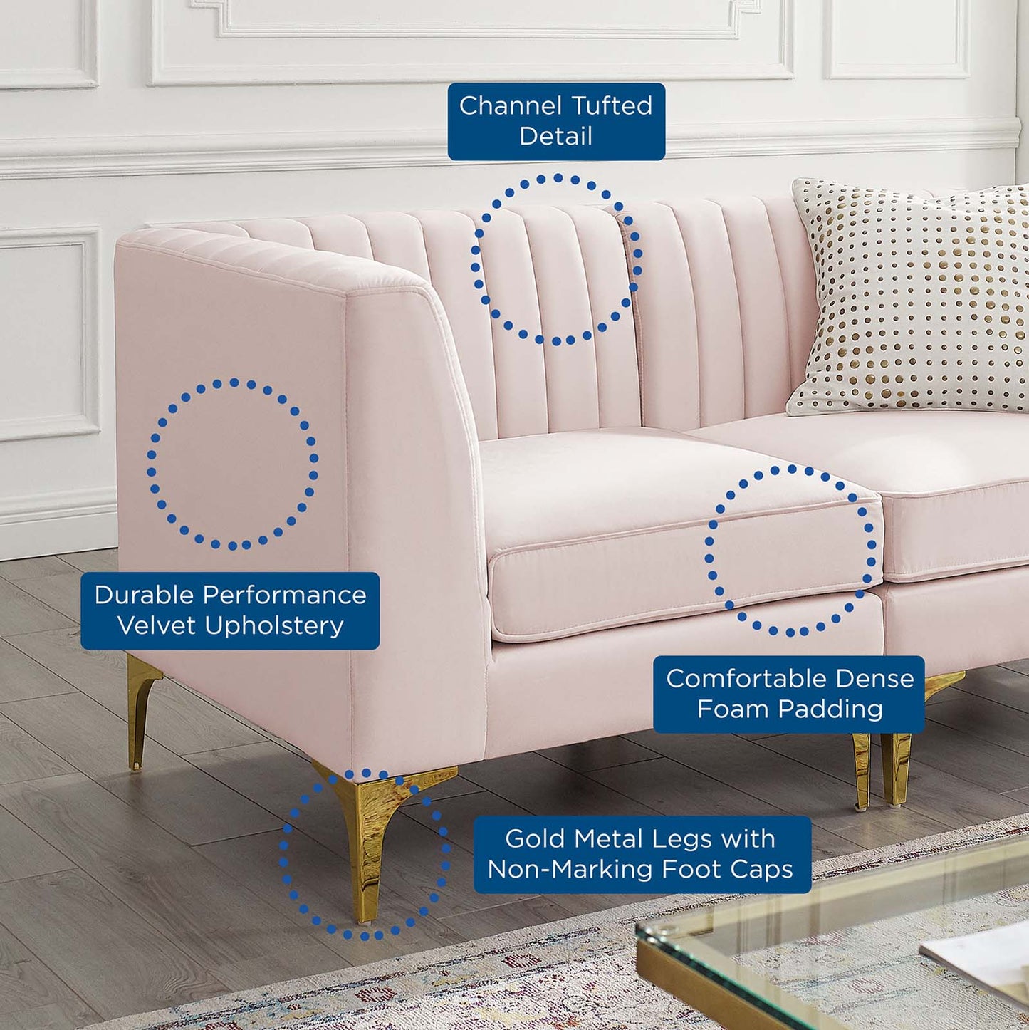 Modway Furniture Triumph Channel Tufted Performance Velvet Sofa - Luxe Glam Deco Design for Modern Living Spaces