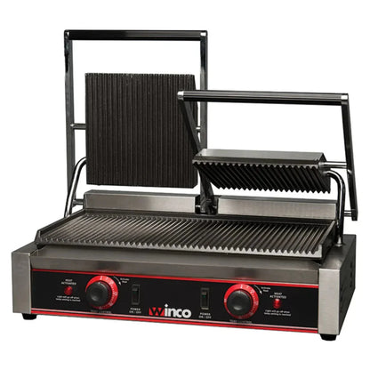 Winco EPG-2 Double Panini Grill with 9" Ribbed Plates, 120V - EPG-2