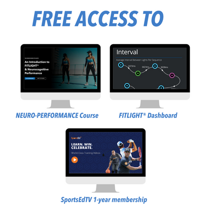 The FITLIGHT® Sports Vision Package comes with everything you need to launch into a successful training regimen:   Six-light FITLIGHT® system Two tripods A Vision Board FREE access to our online Neuro-cognitive course, the FITLIGHT® Dashboard, AND A 1-year membership to SportsEdTV.