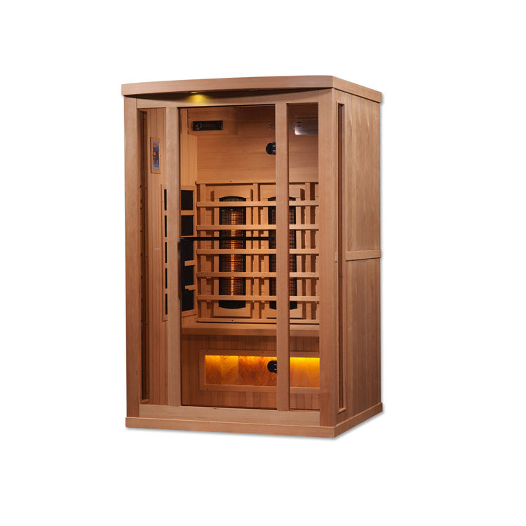 Golden Designs 2-Person Full Spectrum PureTech™ Near Zero EMF FAR Infrared Sauna with Himalayan Salt Bar (Canadian Hemlock) GDI-8020-02 Our PureTech™ Near Zero EMF infrared Carbon Energy Efficient heating panel heaters are 30% larger than saunas heated by ceramic tubes and penetrate skin 40% more to maximize therapeutic benefits.