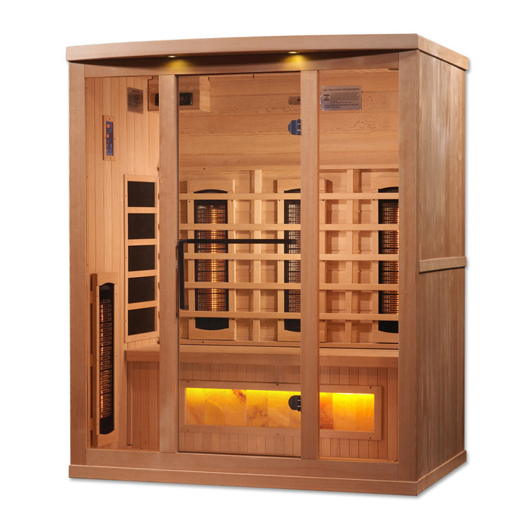 Experience the ultimate in sauna luxury with the Golden Designs 3-Person Full Spectrum PureTech™ Near Zero EMF FAR Infrared Sauna with Himalayan Salt Bar GDI-8030-02. Crafted with 100% Canadian Hemlock Fir, this sauna provides a premium and environmentally conscious sauna experience. With its advanced features and exceptional construction, it's the perfect addition to your wellness routine.