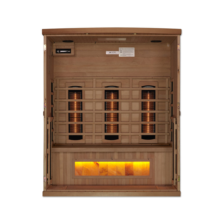 Experience the ultimate in sauna luxury with the Golden Designs 3-Person Full Spectrum PureTech™ Near Zero EMF FAR Infrared Sauna with Himalayan Salt Bar GDI-8030-02. Crafted with 100% Canadian Hemlock Fir, this sauna provides a premium and environmentally conscious sauna experience. With its advanced features and exceptional construction, it's the perfect addition to your wellness routine.