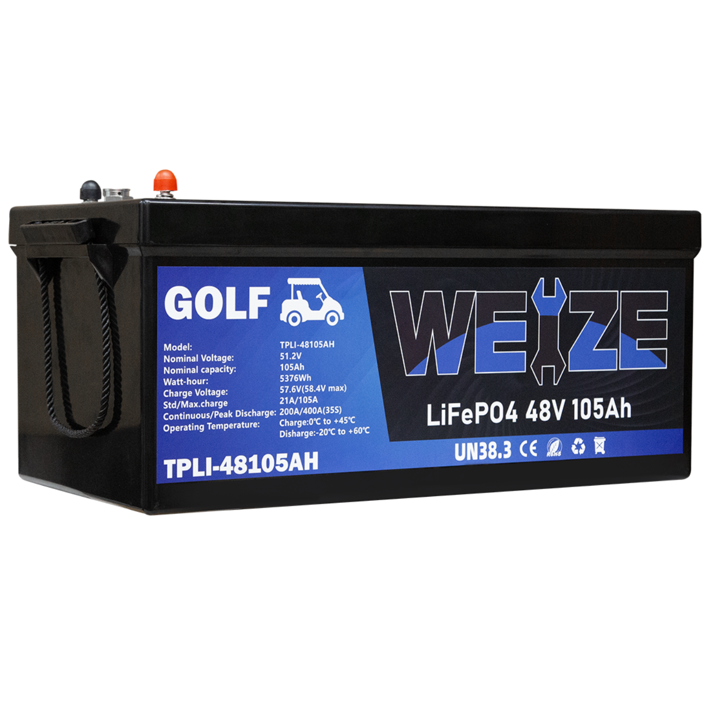WEIZE 48V(51.2V) 105AH LiFePO4 Golf Cart Battery, 5376Wh Bluetooth Lithium Battery, 8000+ Cycles with 200A BMS, 10 Years Warranty - BAC-0117