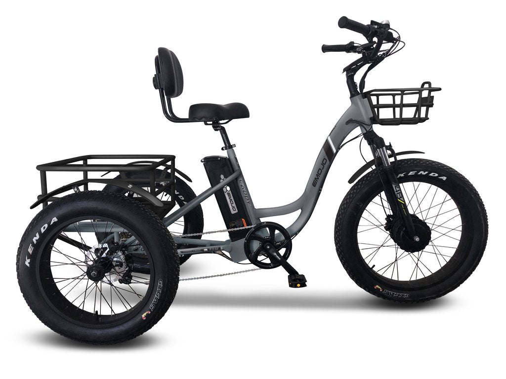 Emojo Caddy PRO 48V Lithium-Ion Battery 500W Motor Hydraulic Brakes The EMOJO Caddy PRO electric tricycle is an upgraded version of the original EMOJO Caddy electric tricycle. The Caddy PRO's upgraded features include Hydraulic Brakes, Front Suspension, a Comfortable Oversized Seat with Backrest, and now comes with 7 Speeds.  Also the front and rear baskets are white instead of black.