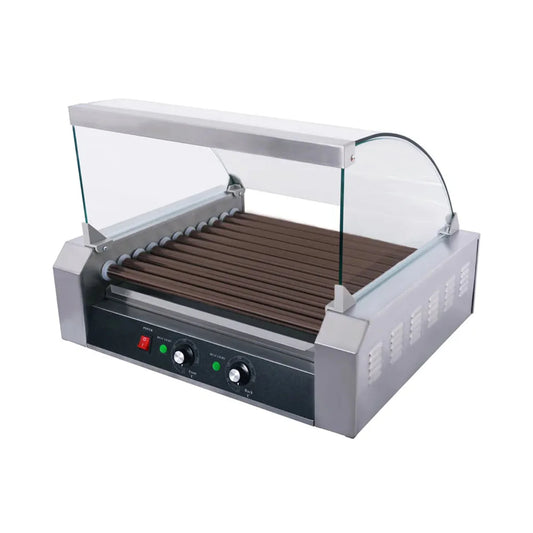 CAC China  23" 11-Roller Non-Stick Coating Hot Dog Roller Grill Set with Sneeze Guard, 30 Hot Dog Capacity - HDRS-11N