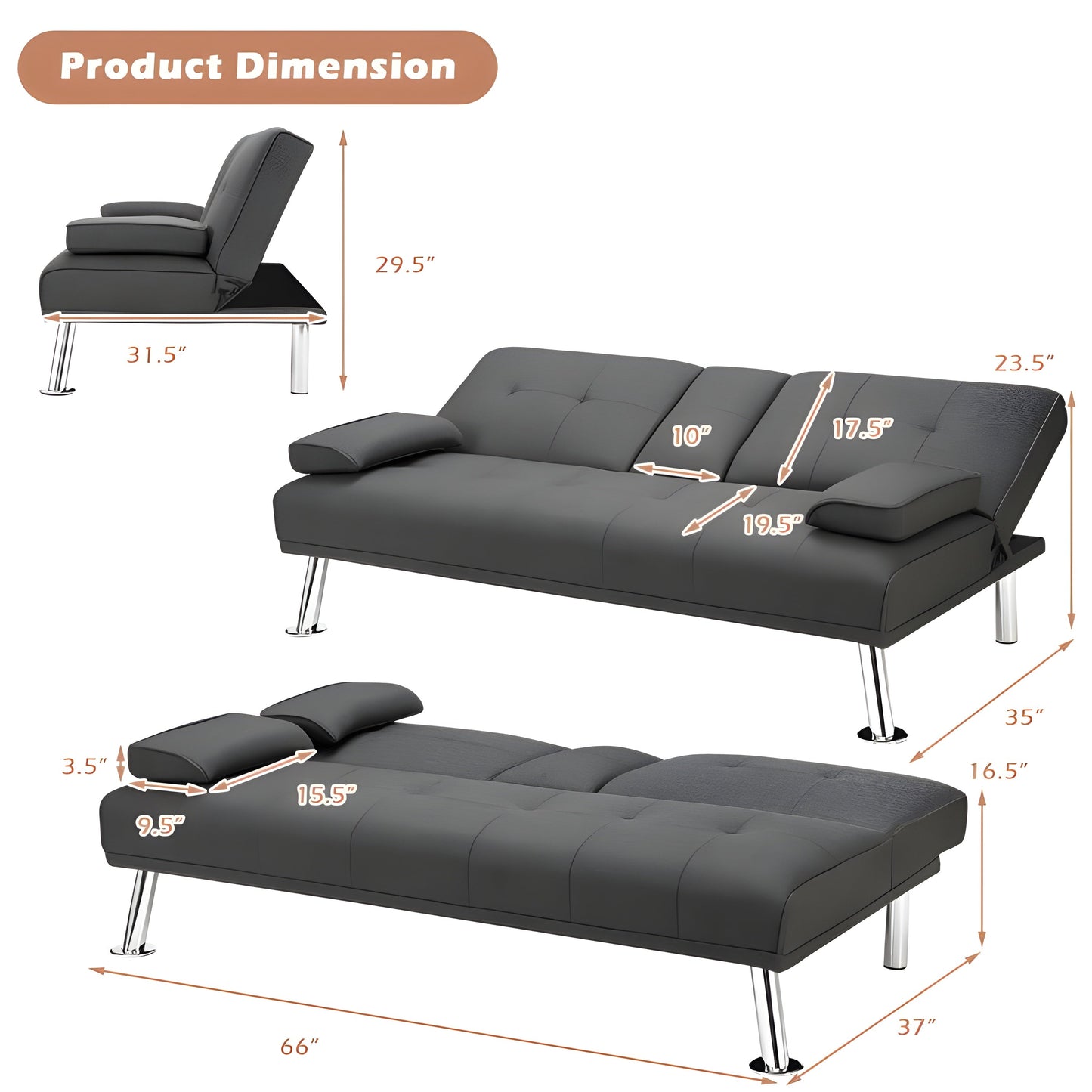 Costway Sofa Convertible Folding Futon with Adjustable Backrest in PU Leather New - HW66915BK