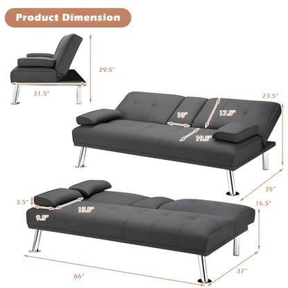 Costway Sofa Convertible Folding Futon with Adjustable Backrest in PU Leather New - HW66915BK