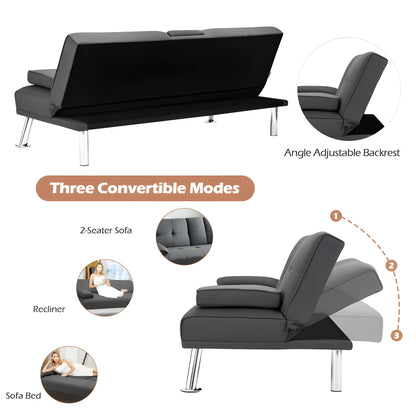 Costway Sofa Convertible Folding Futon with Adjustable Backrest in PU Leather New - HW66915BK