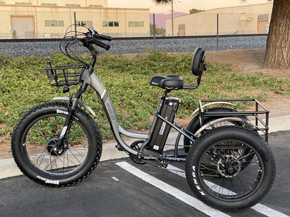Emojo Caddy PRO 48V Lithium-Ion Battery 500W Motor Hydraulic Brakes The EMOJO Caddy PRO electric tricycle is an upgraded version of the original EMOJO Caddy electric tricycle. The Caddy PRO's upgraded features include Hydraulic Brakes, Front Suspension, a Comfortable Oversized Seat with Backrest, and now comes with 7 Speeds.  Also the front and rear baskets are white instead of black.