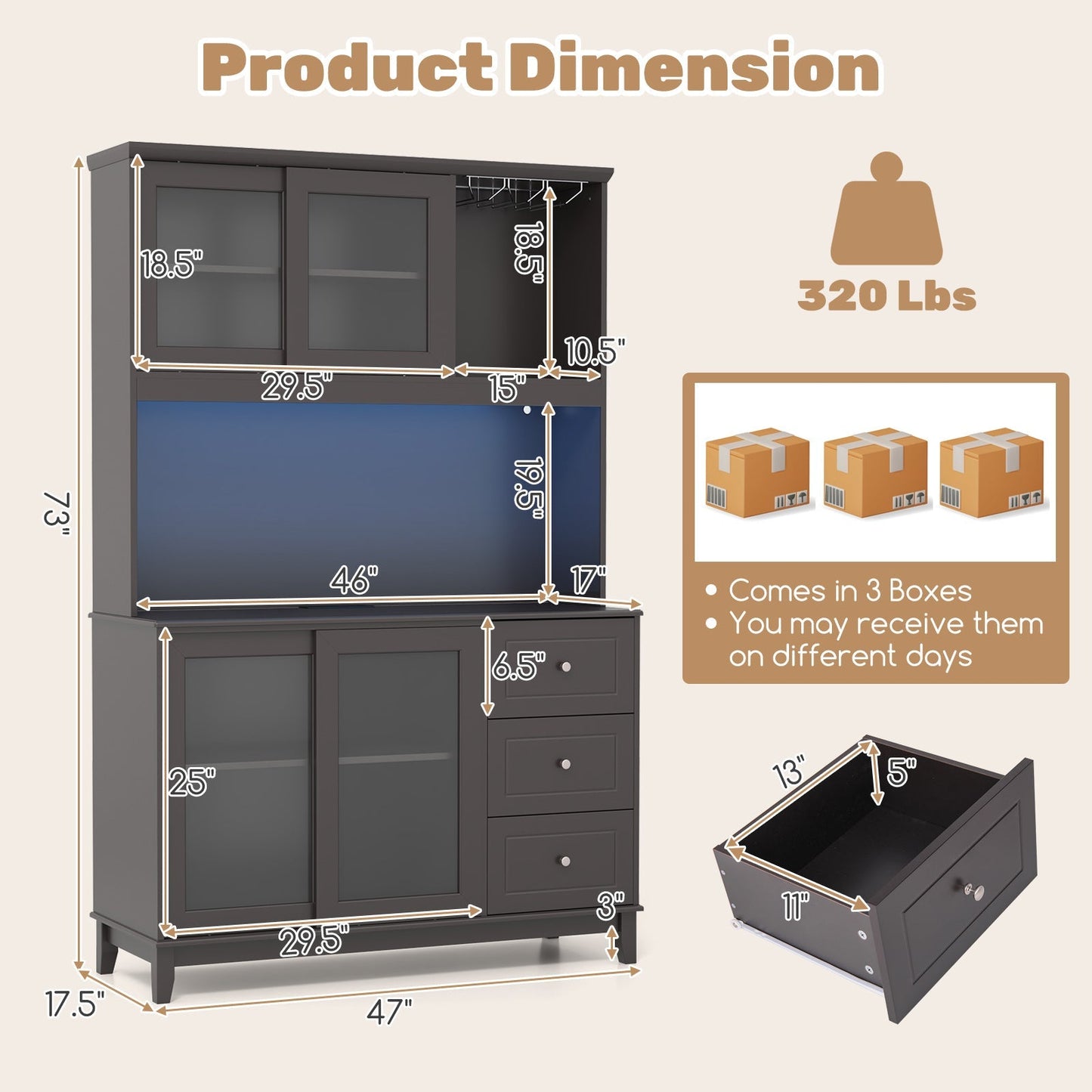 Costway Kitchen Pantry Storage Cabinet with LED Lights and Power Outlet New - JV11630US-CF+