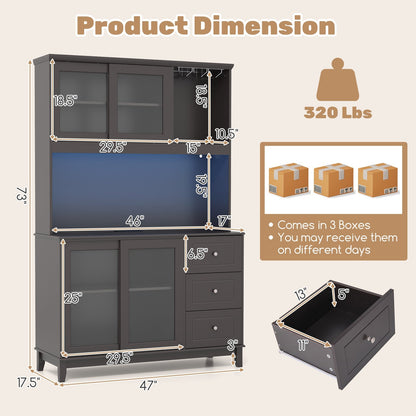 Costway Kitchen Pantry Storage Cabinet with LED Lights and Power Outlet New - JV11630US-CF+
