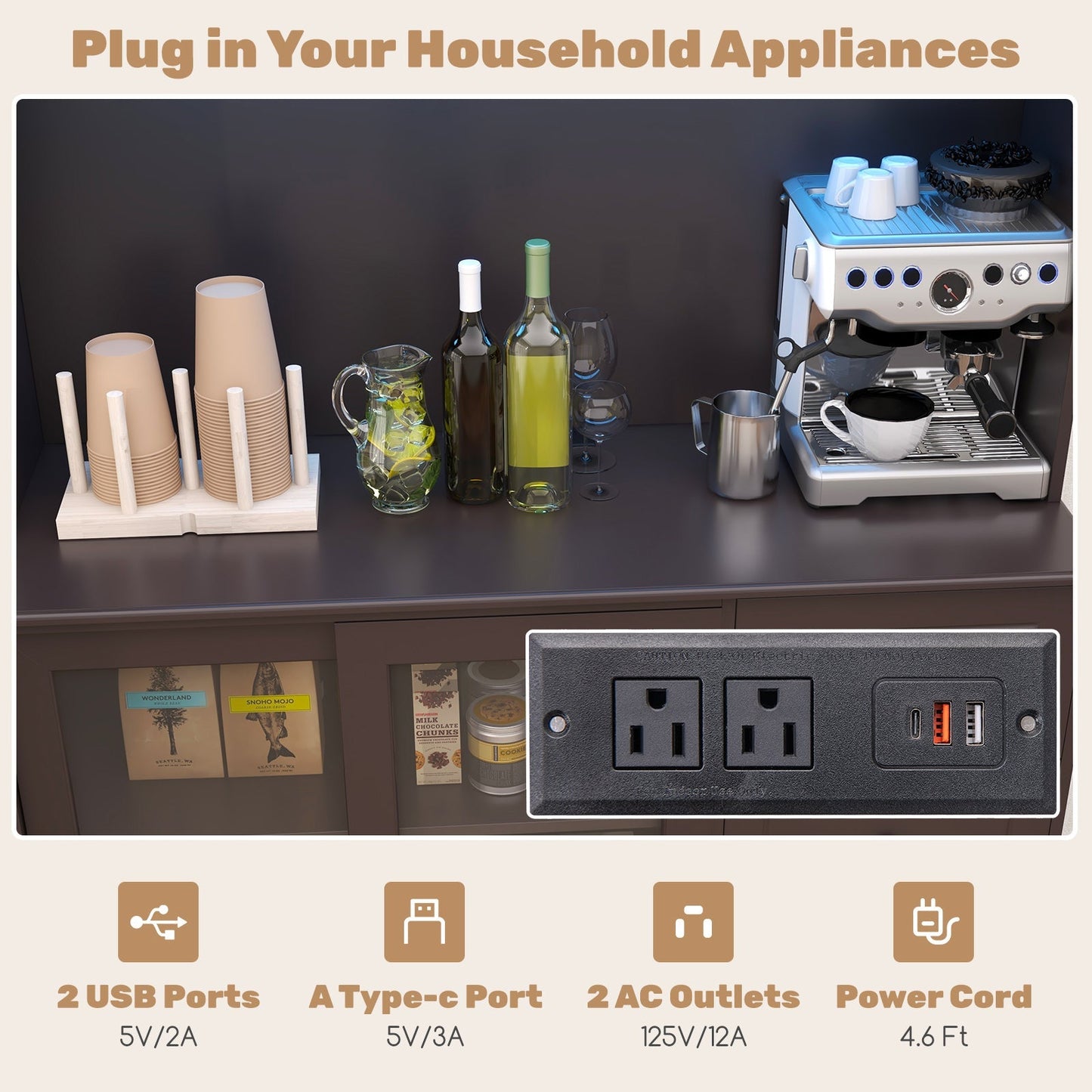 Costway Kitchen Pantry Storage Cabinet with LED Lights and Power Outlet New - JV11630US-CF+