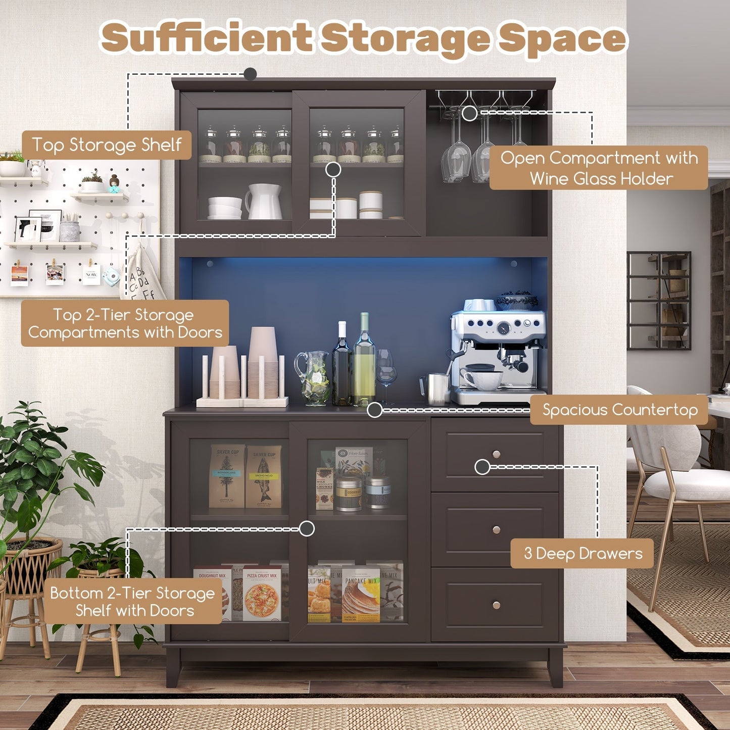 Costway Kitchen Pantry Storage Cabinet with LED Lights and Power Outlet New - JV11630US-CF+