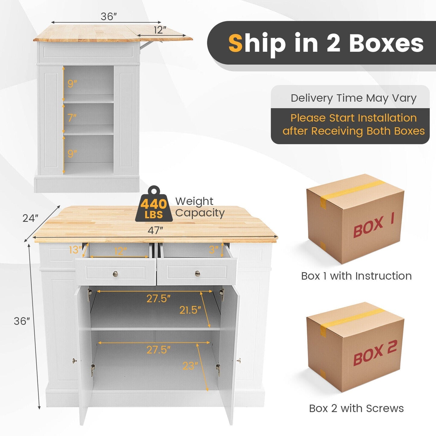 Costway Kitchen Island with Drop Leaf Countertop and 3-Level Adjustable Shelves New - JV10444WH+
