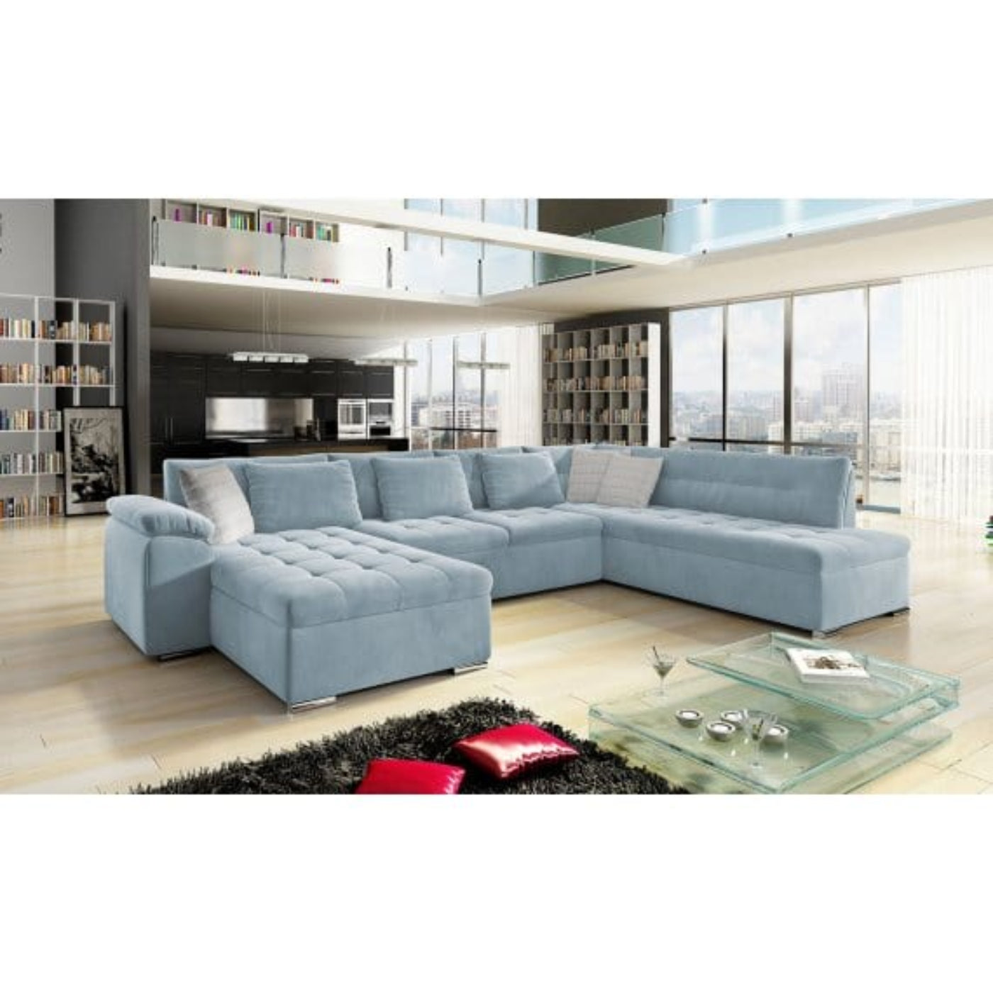 Maxima House LEONARDO Sofa Light Blue Sectional Sleeper Sofa - MIR011
