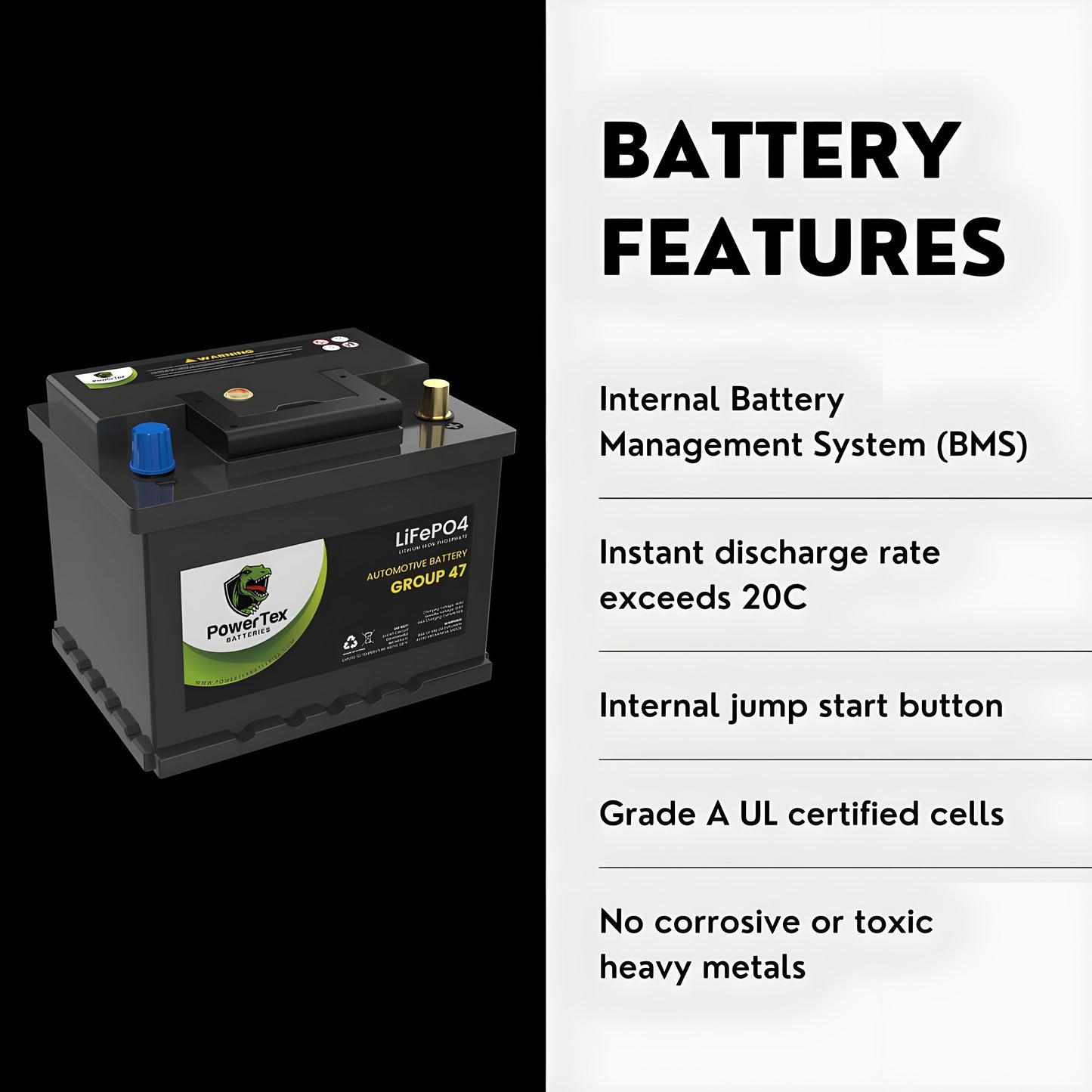 PowerTex 2021 Volkswagen Golf L4 2.0LReplacement Car Battery BCI Group 47 Lithium LPTLG47-085