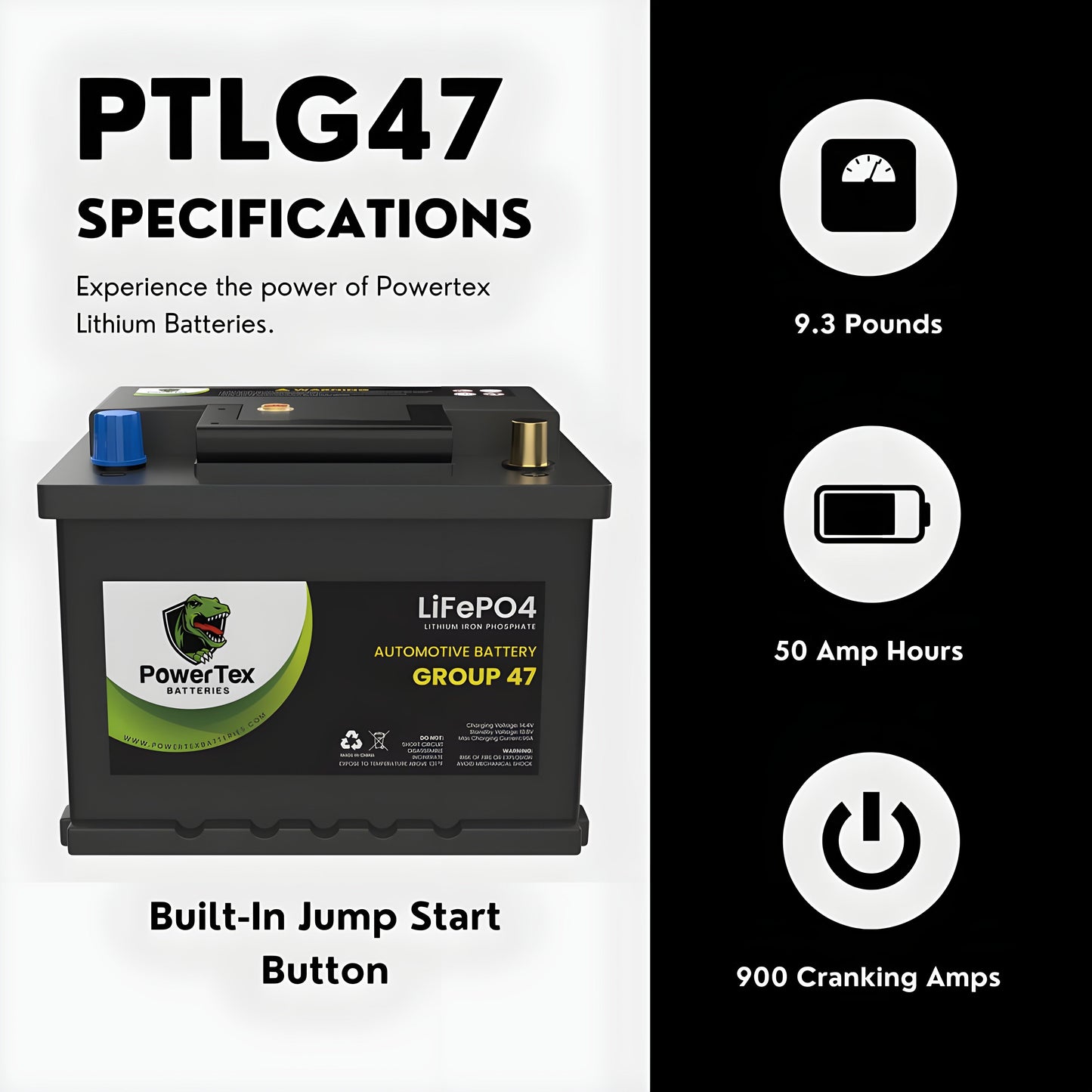PowerTex 2021 Volkswagen Golf L4 2.0LReplacement Car Battery BCI Group 47 Lithium LPTLG47-085
