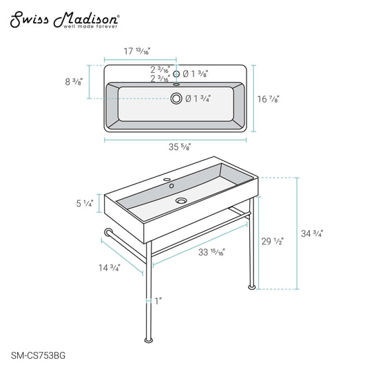 Swiss Madison Carre 36 Ceramic Console Sink Matte Black Basin Brushed Gold Legs - SM-CS753BG - Backyard Provider