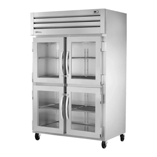 True 52 5/8" Spec Series Stainless Steel and Aluminum Two Section Reach In Refrigerator, (4) Left/Right Hinge Glass Doors,Silver,115v/1ph - STA2R-4HG-HC