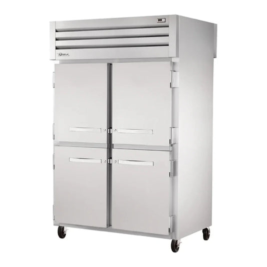 True2G-HC 52 5/8" Spec Series Stainless Steel and Aluminum Two Section Pass Thru Refrigerator, (2) Glass Doors, (4) Solid Doors, Left/Right Hinge,Silver,115v/1ph - STA2RPT-4HS-2G-HC