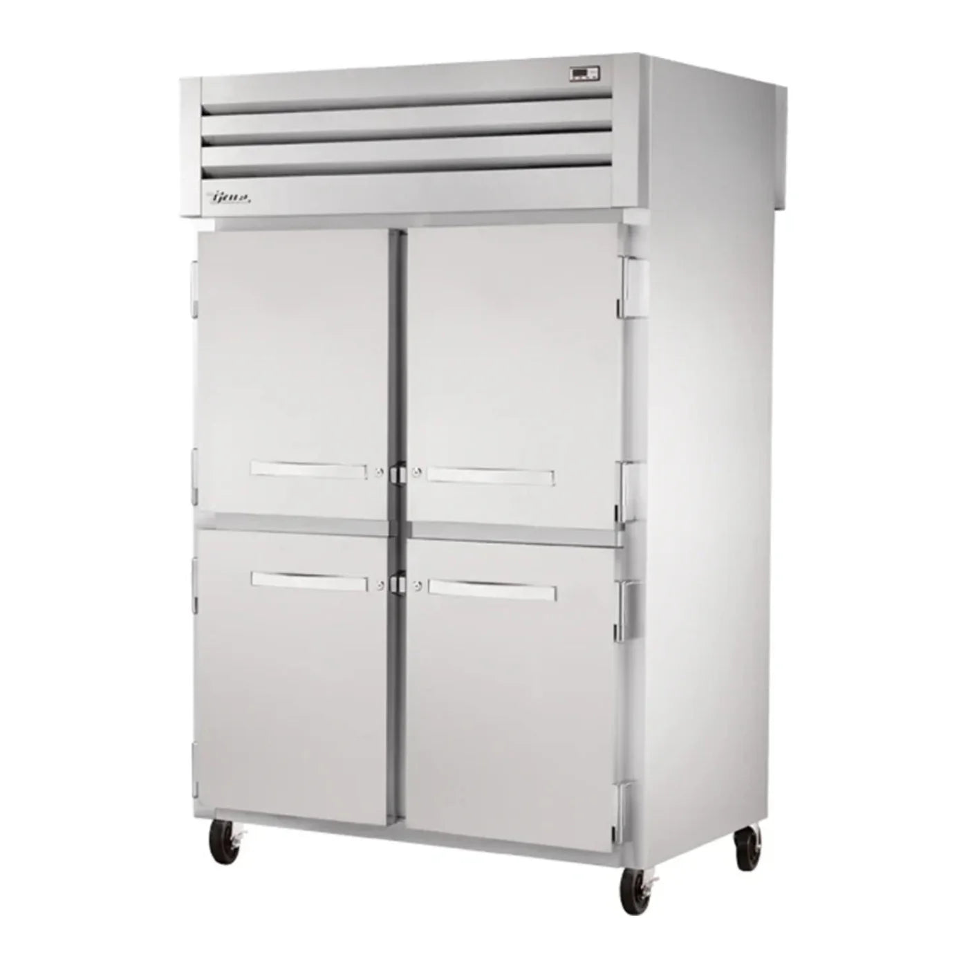 True2G-HC 52 5/8" Spec Series Stainless Steel and Aluminum Two Section Pass Thru Refrigerator, (2) Glass Doors, (4) Solid Doors, Left/Right Hinge,Silver,115v/1ph - STA2RPT-4HS-2G-HC