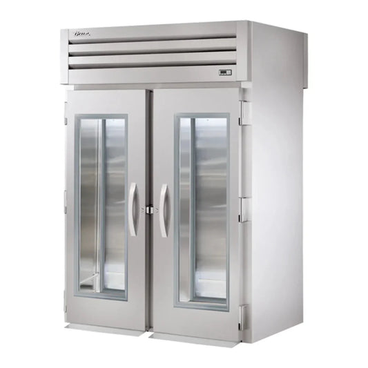 True   68" Spec Series Stainless Steel and Aluminum Glass Front and Solid Back Door Roll-Through Refrigerator, Silver, 115v/1ph - STA2RRT-2G-2S