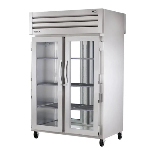 True 52 5/8" Spec Series Stainless Steel and Aluminum Glass Door Pass-Through Refrigerator, (4) Left/Right Hinge Glass Doors Silver,115v/1ph - STG2RPT-2G-2G-HC