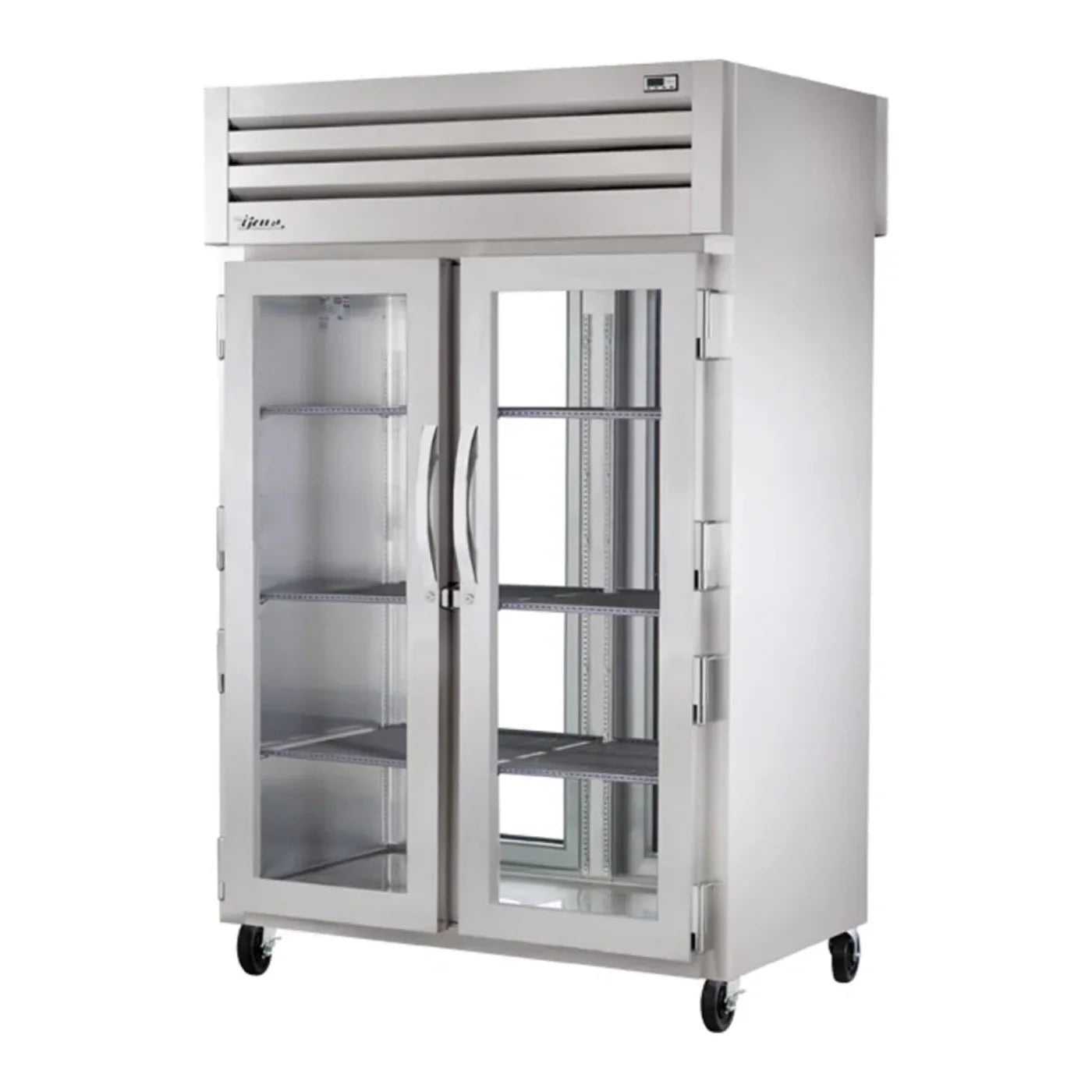 True 52 5/8" Spec Series Stainless Steel and Aluminum Glass Door Pass-Through Refrigerator, (4) Left/Right Hinge Glass Doors Silver,115v/1ph - STG2RPT-2G-2G-HC