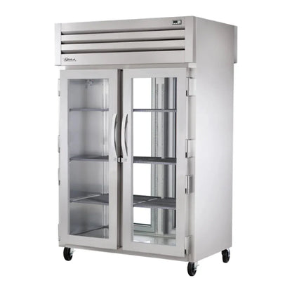 True 52 5/8" Spec Series Stainless Steel and Aluminum Glass Door Pass-Through Refrigerator, (4) Left/Right Hinge Glass Doors Silver,115v/1ph - STG2RPT-2G-2G-HC