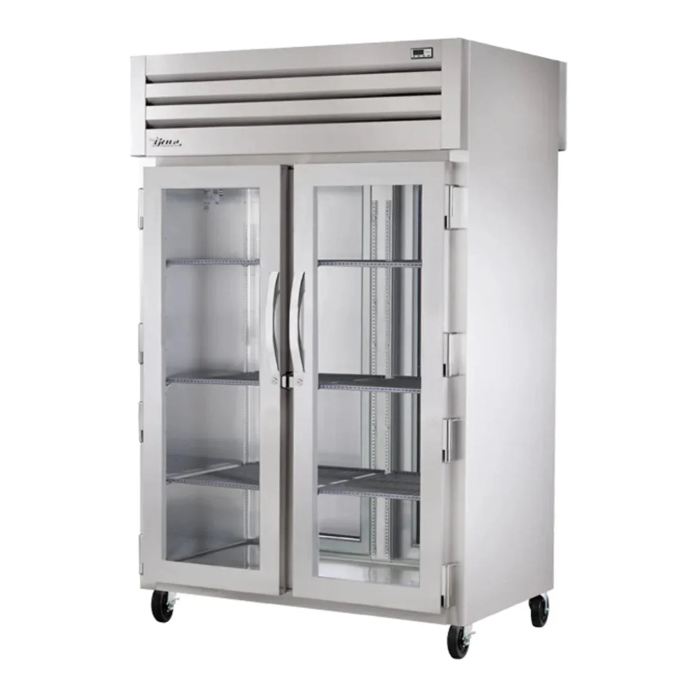 True 52 5/8" Spec Series Two Section Pass Thru Refrigerator, (2) Glass Doors, (2) Solid Doors, Left/Right Hinge,Silver,115v/1ph - STG2RPT-2G-2S-HC