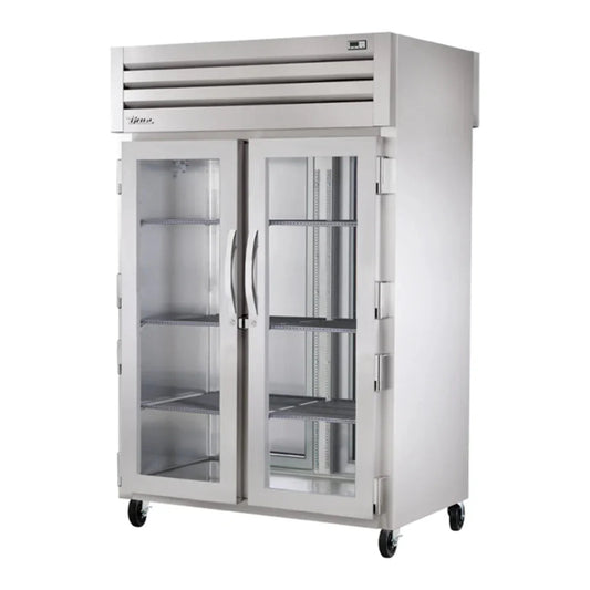 True 52 5/8" Spec Series Two Section Pass Thru Refrigerator, (2) Glass Doors, (2) Solid Doors, Left/Right Hinge,Silver,115v/1ph - STG2RPT-2G-2S-HC