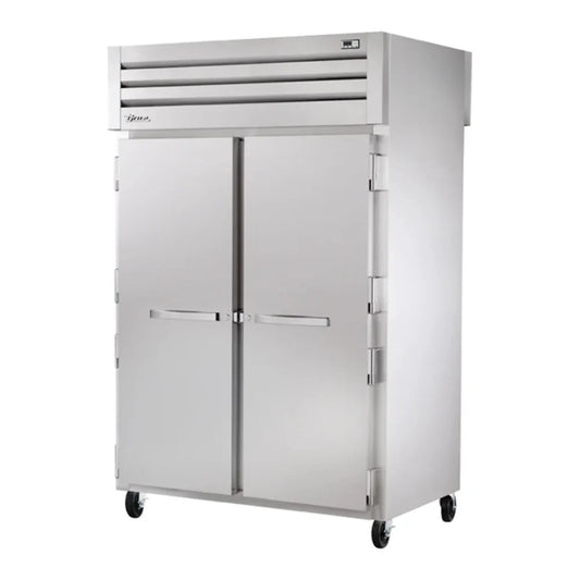 True  52 5/8" Spec Series Stainless Steel and Aluminum Pass-Through Refrigerator Solid Front / Glass Back Door with PVC-Coated Shelves, 115v/1ph - STG2RPT-2S-2G-HC