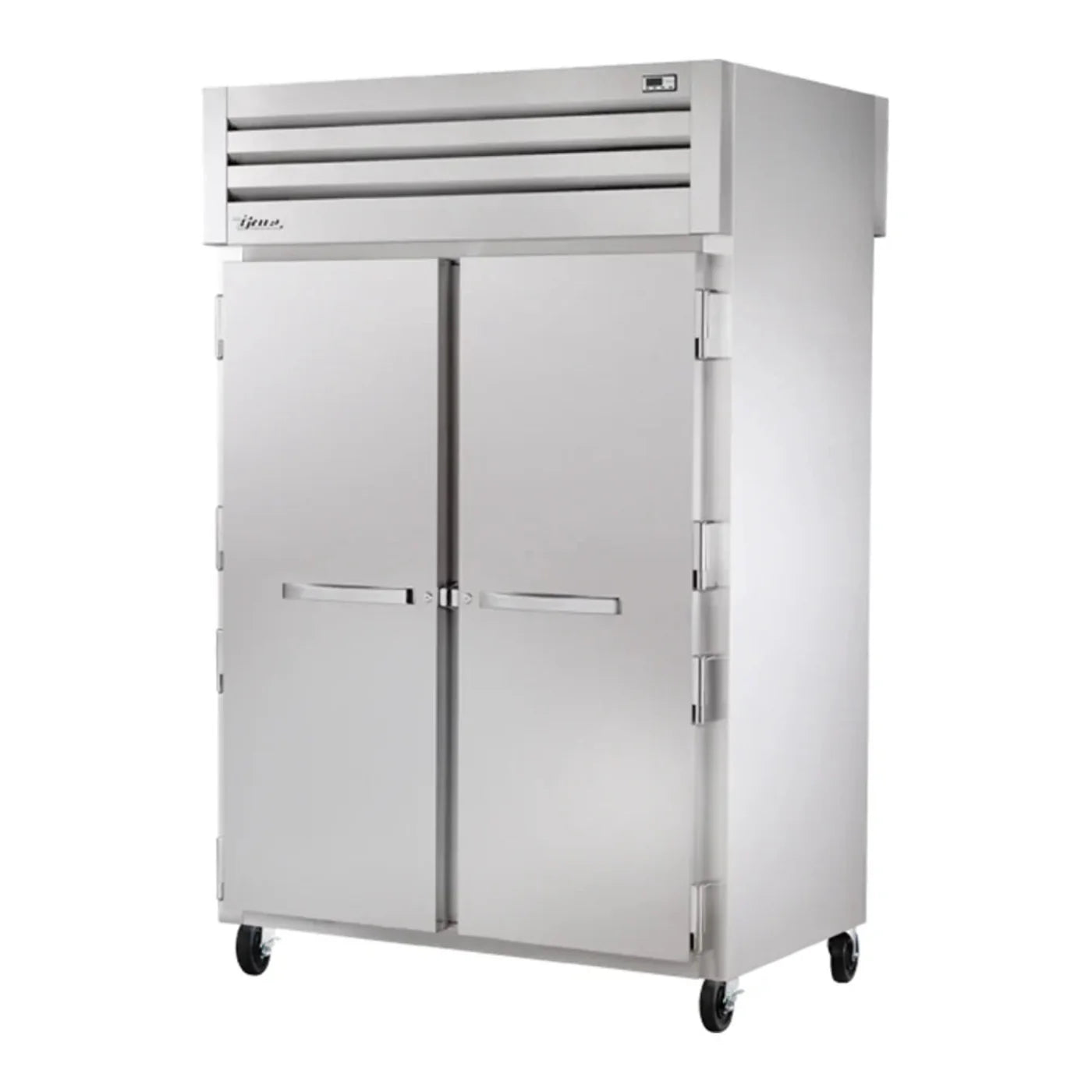 True  52 5/8" Spec Series Stainless Steel and Aluminum Pass-Through Refrigerator Solid Front / Glass Back Door with PVC-Coated Shelves, 115v/1ph - STG2RPT-2S-2G-HC