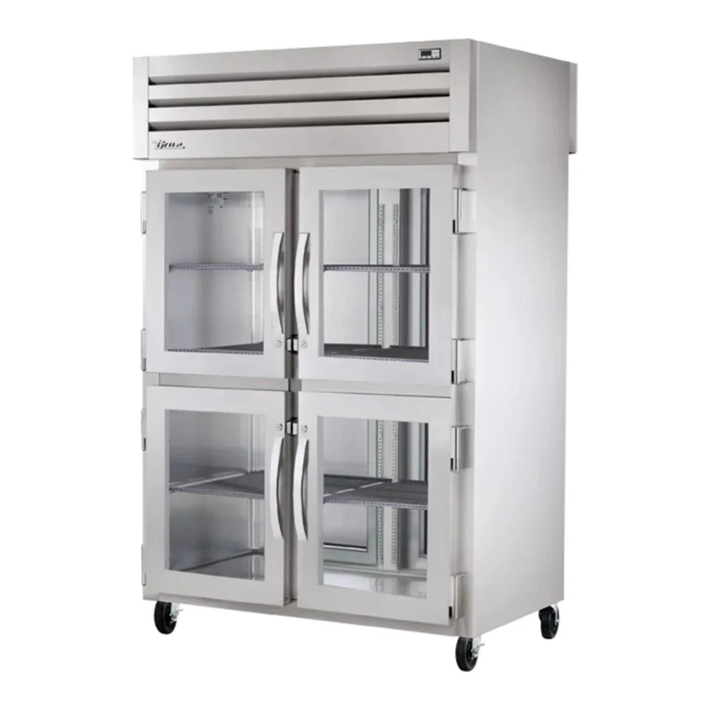 True  52 5/8"  Spec Series Stainless Steel and Aluminum Two Section Pass Thru Refrigerator with 4 Glass Doors and 2 Solid Doors,115v/1ph - STG2RPT-4HG-2S-HC