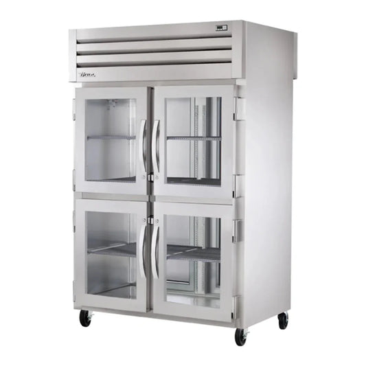 True  52 5/8"  Spec Series Stainless Steel and Aluminum Two Section Pass Thru Refrigerator with 4 Glass Doors and 2 Solid Doors,115v/1ph - STG2RPT-4HG-2S-HC