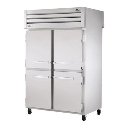 True  52 5/8" Spec Series Stainless Steel and Aluminum Pass-Through Refrigerator with PVC-Coated Shelves, Solid Front Half Door, and Glass Back Full Door, 115v/1ph - STG2RPT-4HS-2G-HC