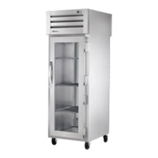 True  27 1/2" Spec Series Stainless Steel Pass-Through Refrigerator with 1 Glass Door, and 1 Solid Door,Silver, 115/1ph - STR1RPT-1G-1S-HC