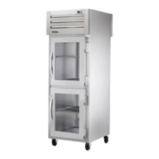 True  27 1/2" Spec Series Stainless Steel Pass-Through Refrigerator with 2 Glass Doors and 1 Solid Door, Silver, 115v/1ph - STR1RPT-2HG-1S-HC