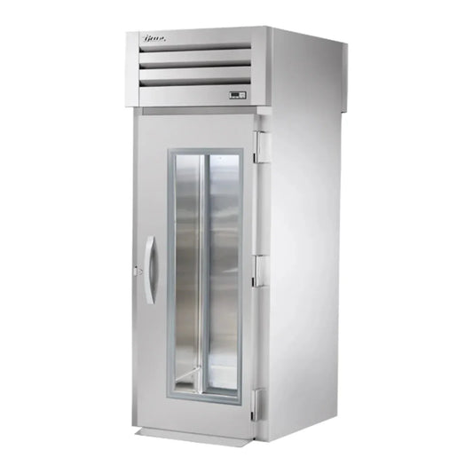 True 35" Spec Series Stainless Steel Roll-Through Refrigerator with Glass Front / Solid Back Door and LED Lighting, 115v/1ph - STR1RRT-1G-1S