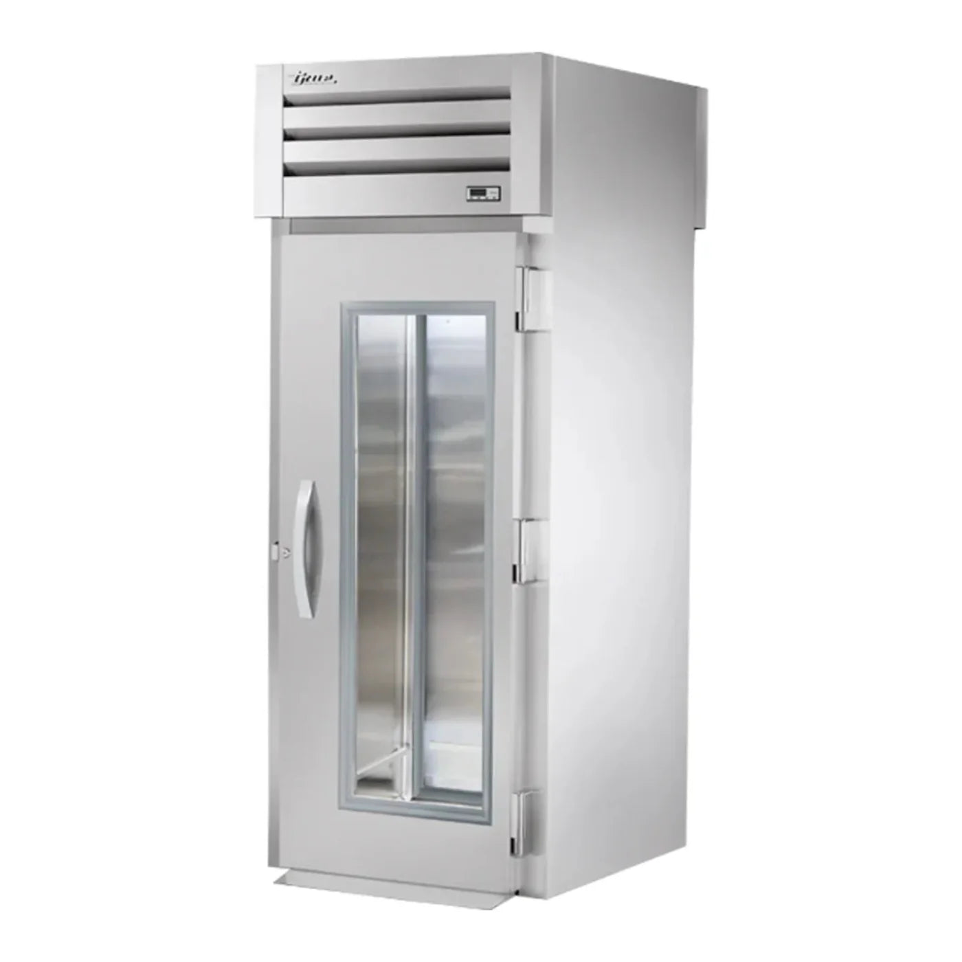 True 35" Spec Series Stainless Steel Roll-Through Refrigerator with Glass Front / Solid Back Door and LED Lighting, 115v/1ph - STR1RRT-1G-1S