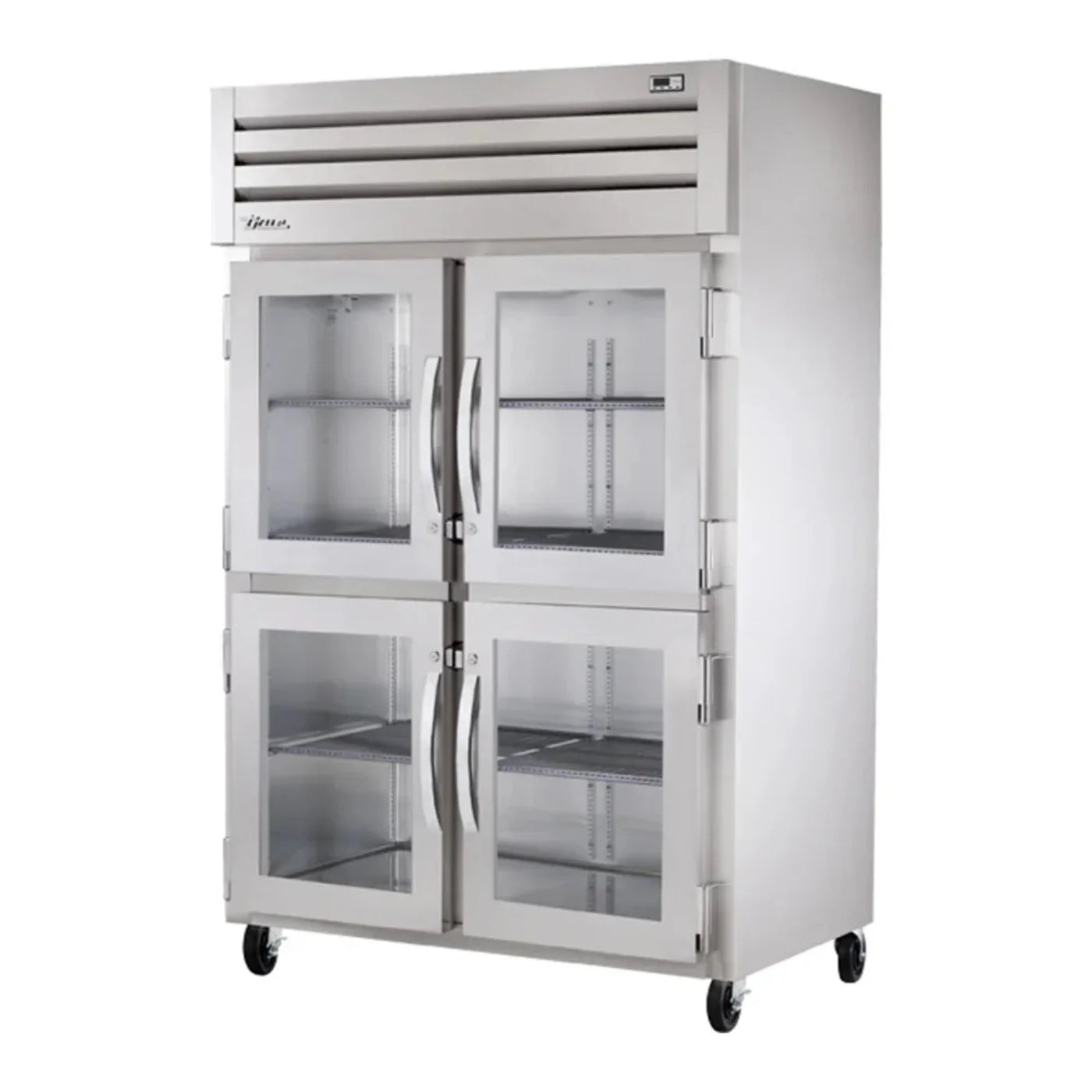 True  52 5/8" Spec Series Stainless Steel Reach In Refrigerator with 2 Sections and 4 Left/Right Hinge Glass Doors,Silver,115v/1ph - STR2R-4HG-HC