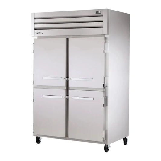 True 52 5/8" Spec Series Stainless Steel Reach-In Refrigerator 4 Left/Right Hinge Solid Doors and 2 Sections,Silver, 115v/1ph - STR2R-4HS-HC