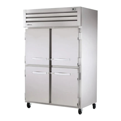 True 52 5/8" Spec Series Stainless Steel Reach-In Refrigerator 4 Left/Right Hinge Solid Doors and 2 Sections,Silver, 115v/1ph - STR2R-4HS-HC