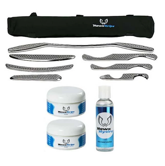 The HawkGrips Gold set contains seven instruments: Small Multi-Curve, Medium Multi-Curve, Large Multi-Curve, Boomerang, Scanner, Tongue Depressor, and Medium Handlebar.   Whats Included Medium Handlebar instrument Small Multi-Curve tool Medium Multi-Curve tool Large Multi-Curve tool Scanner tool Boomerang tool "Tongue Depressor" tool Roll-up carrying case User manual Free Promo Items 1 Jar of regular HawkGrips emollient 1 Jar of fregrance-free HawkGrips emollient 1 Bottle of HawkHydro