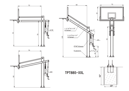 Ironclad 72" Triple Threat Adjustable Height Basketball Hoop TPT885-XXL The Triple Threat TPT885-XXL is a standout design, strongest of its kind! The Triple Threat TPT885-XXL is our biggest and best! For anyone planning a regulation full court or half court, this is the perfect sized unit. 