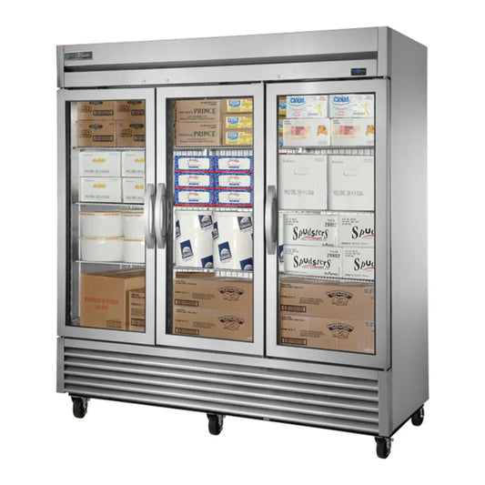 True T-72FG-HC-FGD01 78" T-Series Stainless Steel and Aluminum Three Section Reach In Freezer 3 Glass Door, Silver, 115v/1ph - T-72FG-HC-FGD01